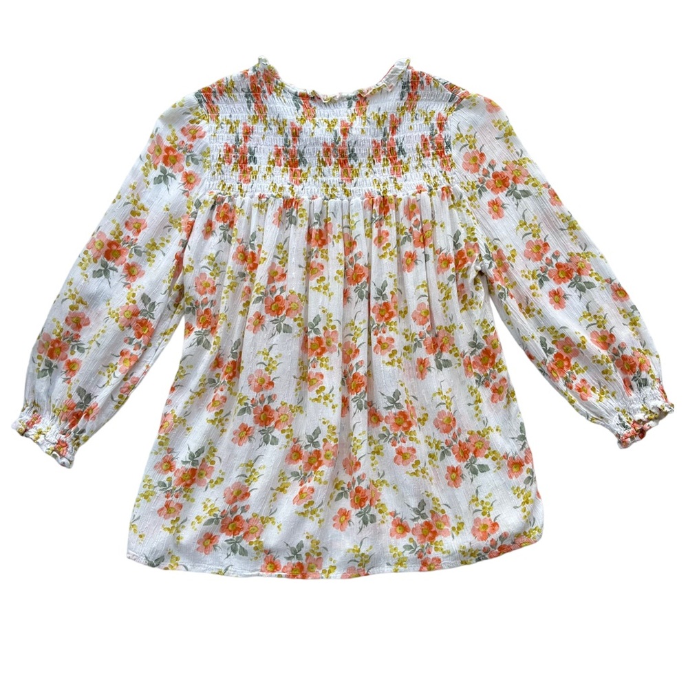 Cupcakes and cashmere Womens Sz Large Peach & White Floral Smocked Ruffle Blouse - Picture 3 of 13